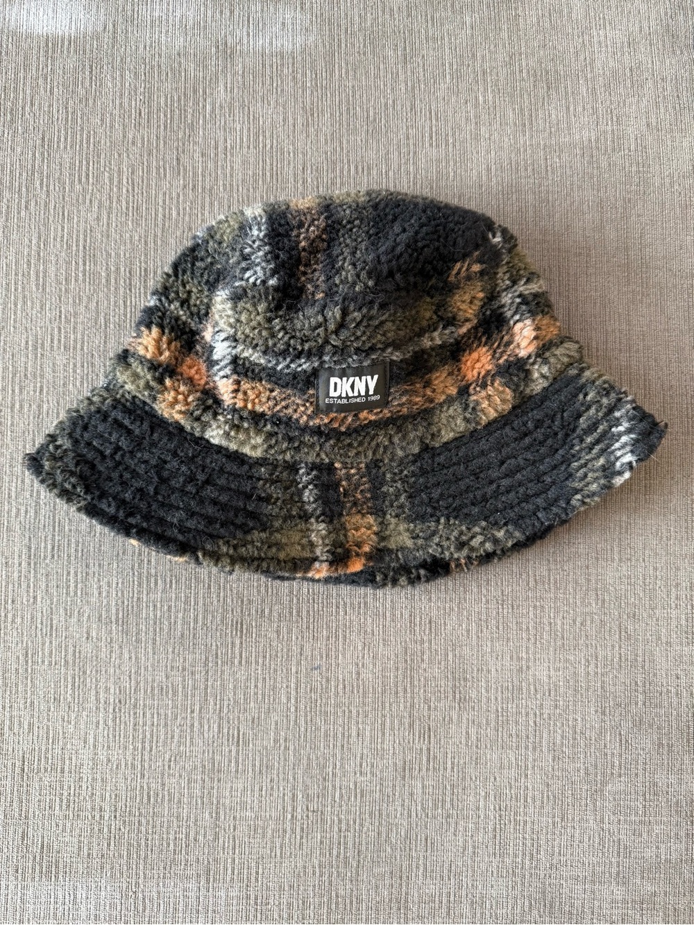 DKNY Kids Black, Olive and Brown Plaid Sherpa Bucket Hat
